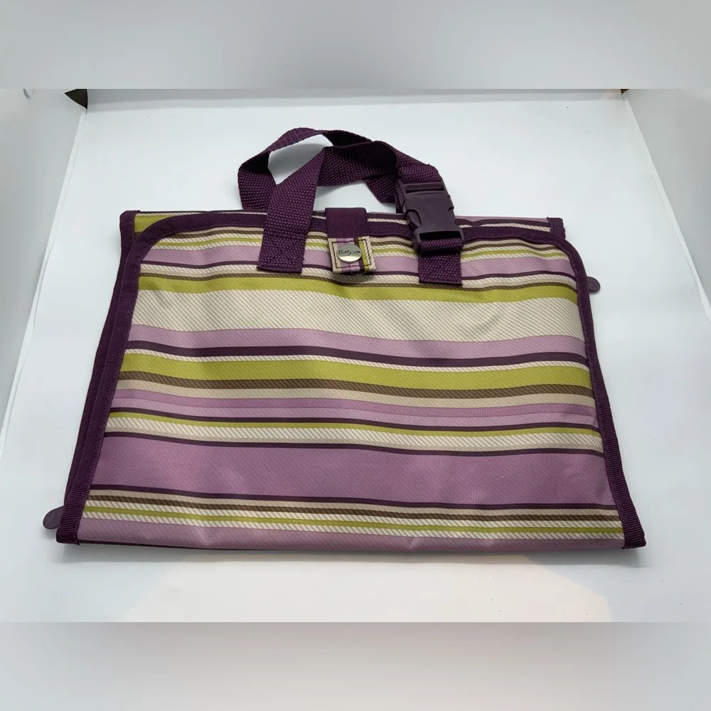 Thirty-One Pink and Green Striped hanging makeup bag snap closure
